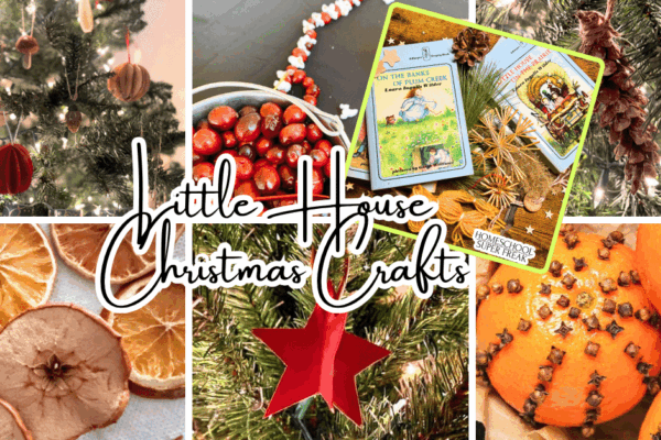 collage of Little House on the Prairie Christmas crafts for December crafts or Christmas party theme