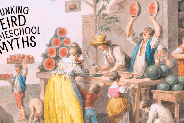 DEBUNKING HOMESCHOOL MYTHS TEXT - A lively outdoor market scene depicts people selling and buying watermelons. Several individuals are actively engaged in cutting, holding, and arranging the fruit, with stacks of watermelons visible.
