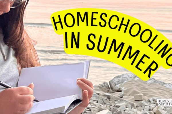 Homeschooling in summer text over student writing in journal at a beach