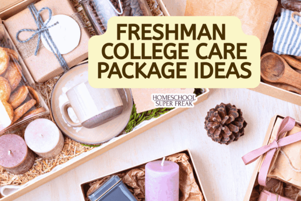 freshman college care packages on a table with different list of care package items