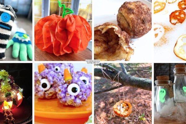Halloween crafts for autumn activities - collage of kids crafts for Halloween and Halloween recipes for kids